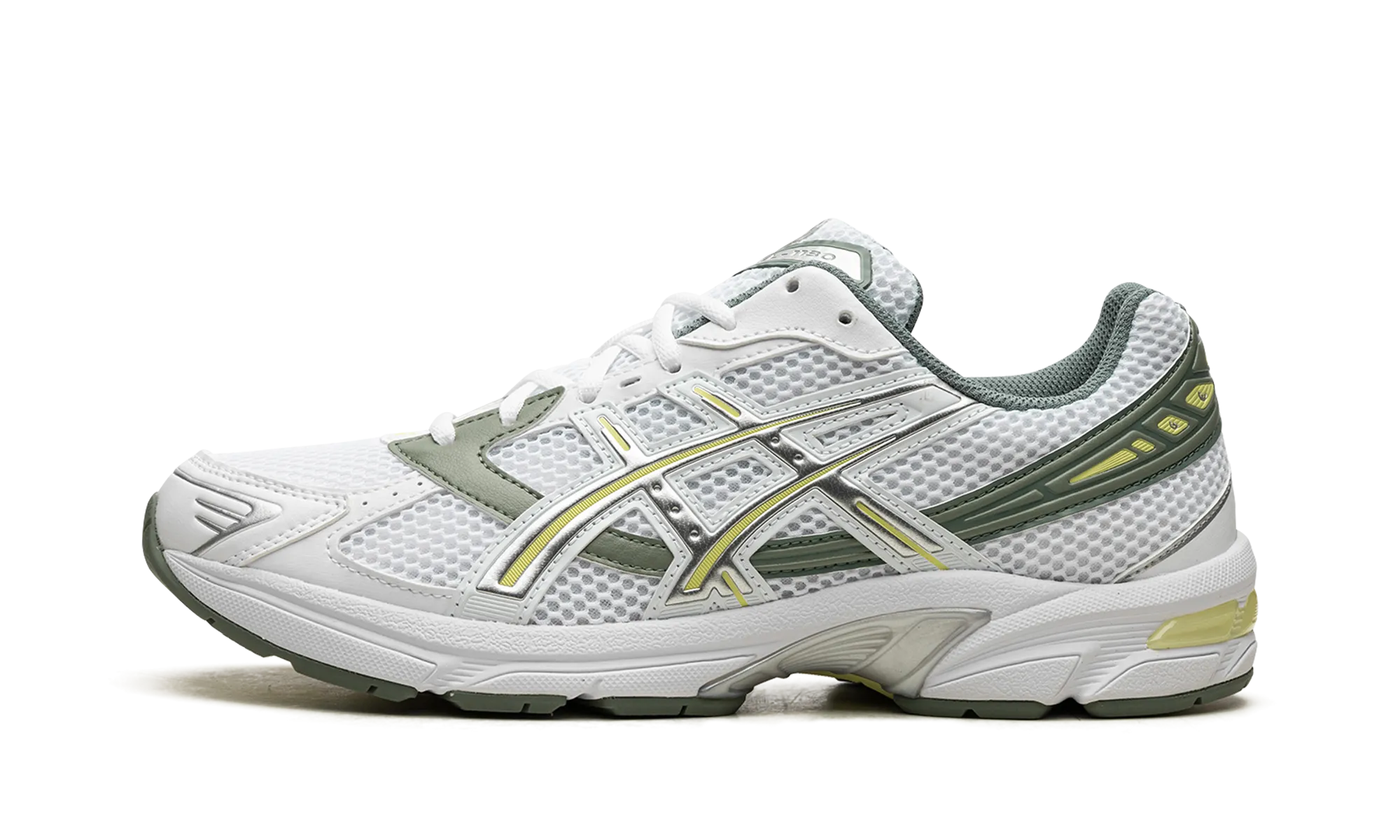 GEL 1130 "White Jade Yellow" running on a dirt path heavy - duty shoes