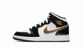 Air Jordan 1 Mid SE GS "Black Gold Patent Leather" Smooth Step Synthetic Finish