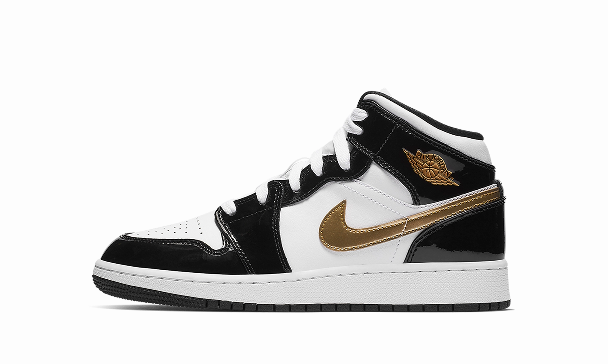 Air Jordan 1 Mid SE GS "Black Gold Patent Leather" Smooth Step Synthetic Finish
