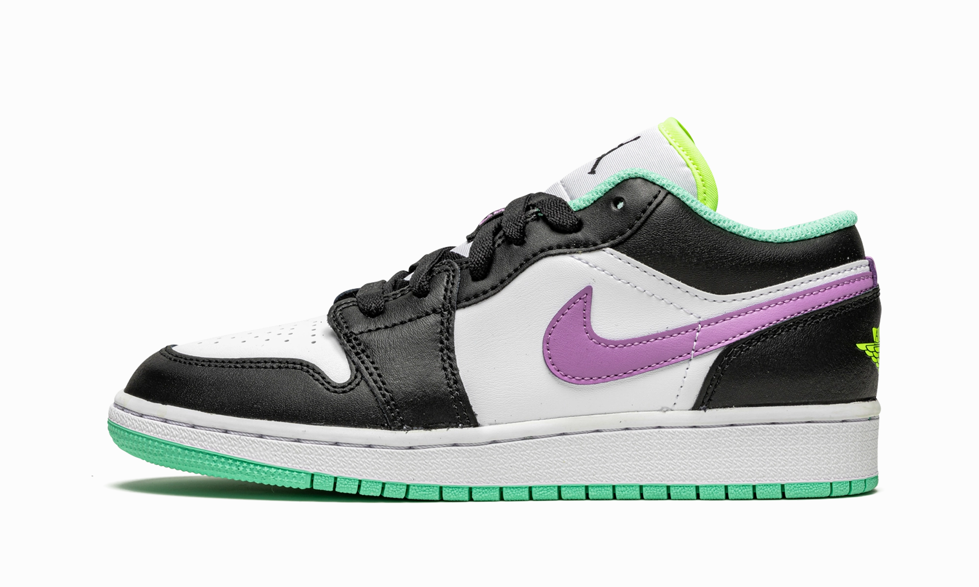 Air Jordan 1 Low GS "Black / Violet Shock / Green Glow" Sleek Profile