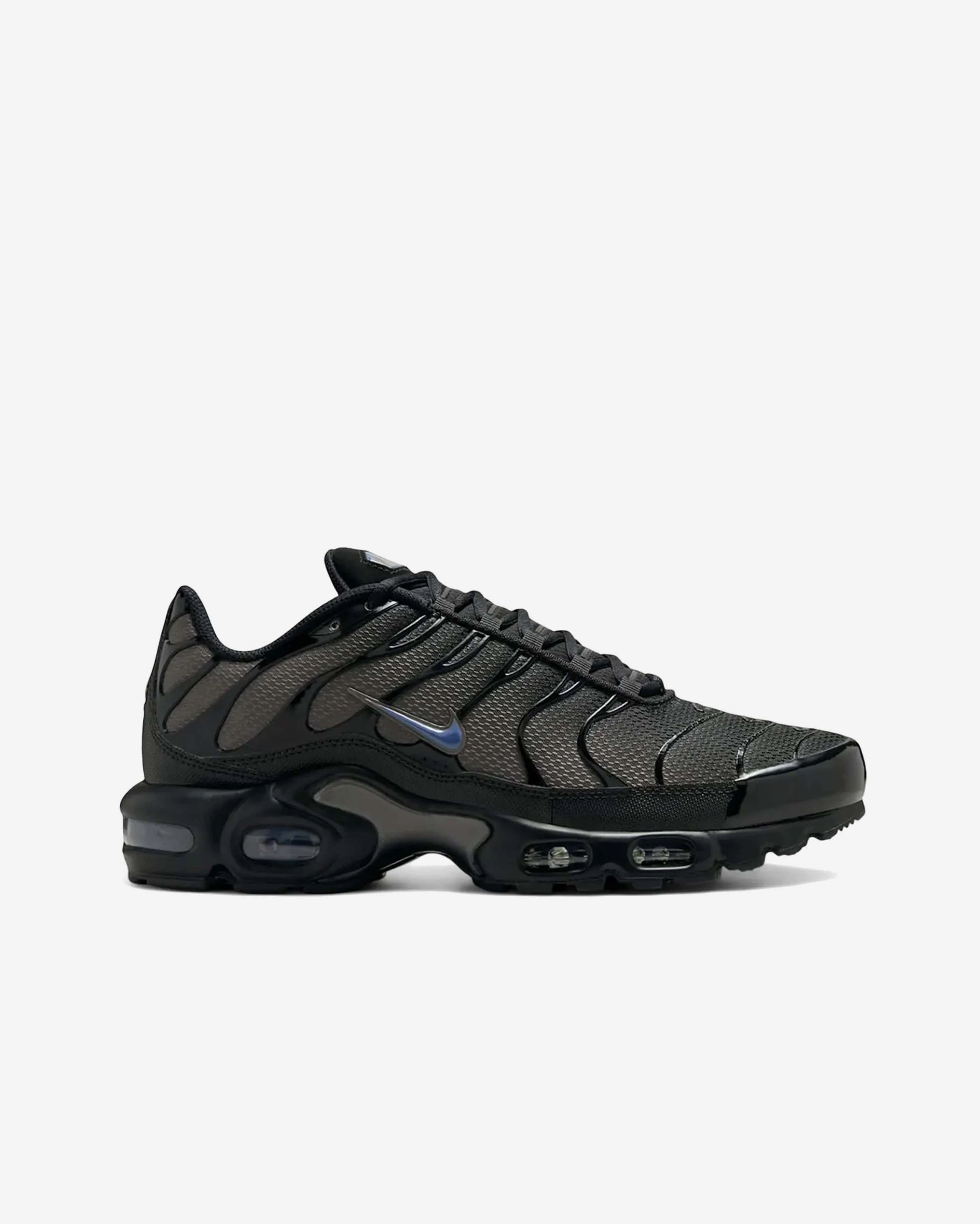 Nike Air Max Plus Black Diffused Blue cushioned leather shoes running on asphalt