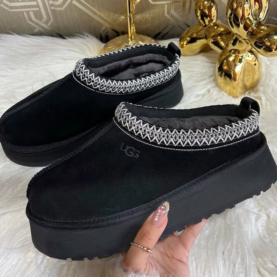UGG Tazz Slipper Black Season Proof Fringe Flow